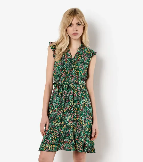 Women's Green Floral Print Ruffled Mini Dress
