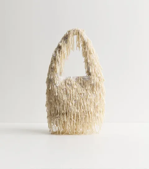 Cream Beaded Fringe Shoulder Grab Bag