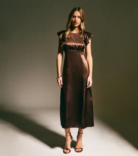 Women's Dark Brown Satin Ruffled Sleeve Midi Dress