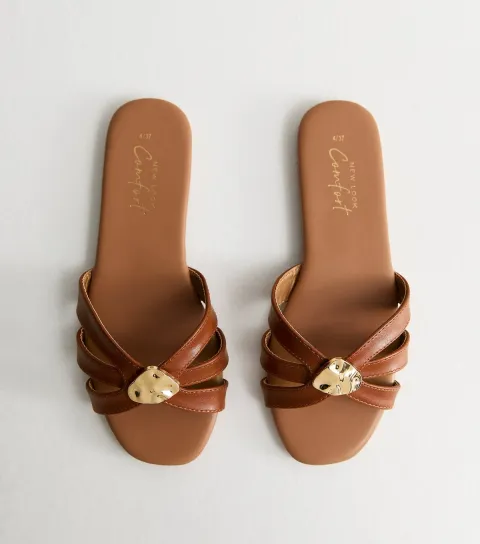 Women's Tan Faux Leather Hammered Hardware Flat Mule Sandals Vegan
