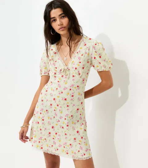 Women's Cream Floral Lace Trim Short Sleeve Mini Dress