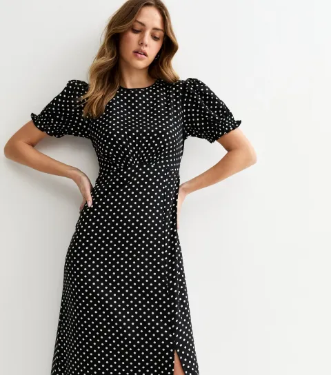New Look Women's Black Spot Print Crepe Midi Dress