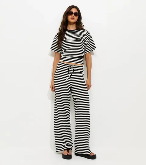 Women's Black Striped Wide Leg Trousers