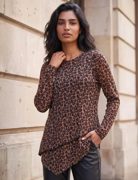 Roman Animal Print Round Neck Layered Hem Top Tan