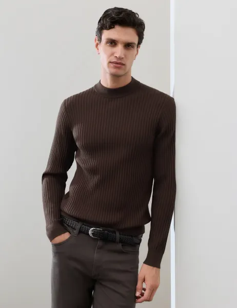 Ribbed High Neck Jumper Dark Chocolate