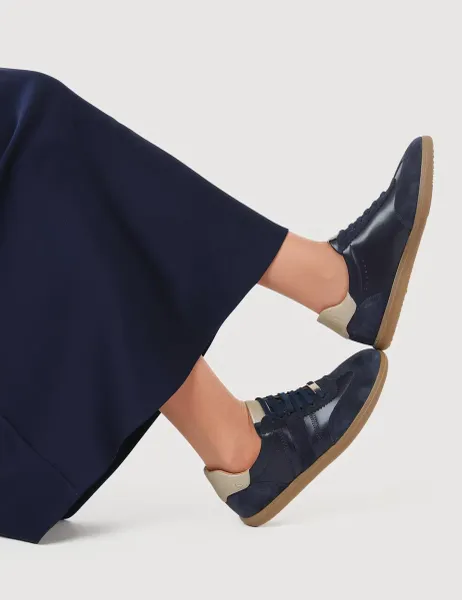 Leather Lace Up Suede Panel Trainers Navy