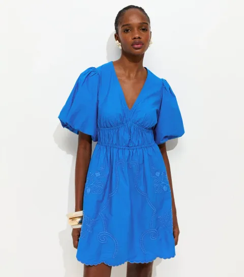 Women's Bright Blue Embroidered Cutwork Mini Dress