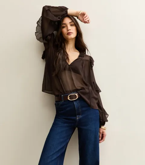 Women's Brown Chiffon Tie Neck Blouse