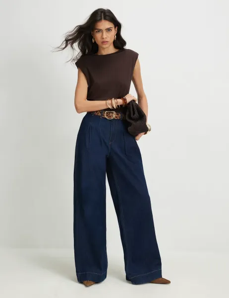 River Island Mid Rise Pleated Belted Wide Leg Jeans Dark Blue Denim
