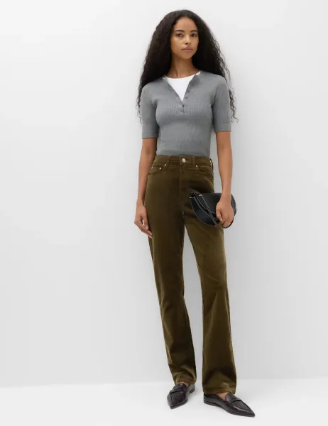 Marks & Spencer Cord Straight Leg Trousers Dark Khaki