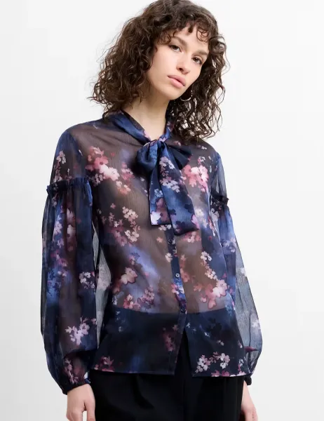 French Connection Floral Tie Neck Button Through Shirt Navy Mix
