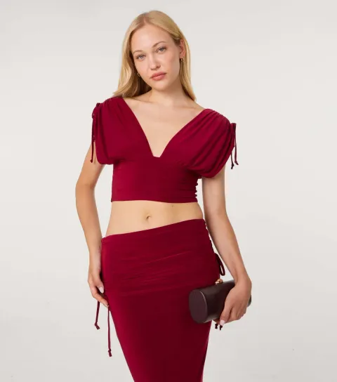 Women's Dark Burgundy Slinky Ruched Shoulder Crop Top
