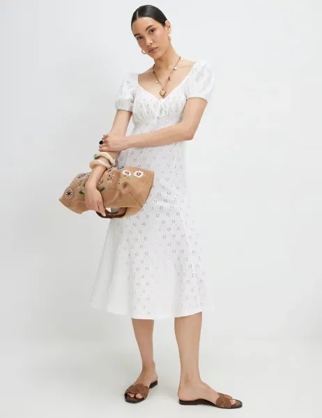 River Island Jersey Broderie Midi Waisted Dress White