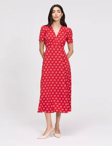 Finery London Printed V-Neck Midi Tea Dress Red Mix