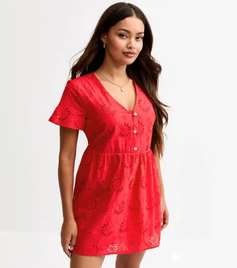 Women's Petite Red Broderie Anglaise Mini Dress
