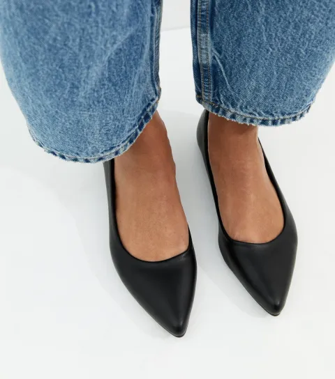 Women's Black Faux Leather Pointed Ballet Flats Vegan