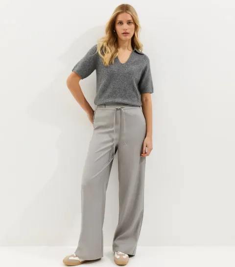 Women's Light Grey Tie Waist Wide Leg Trousers