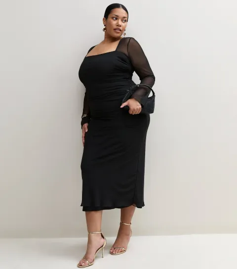 New Look Women's Plus Size Black Ruched Waist Fitted Midi Dress Curves