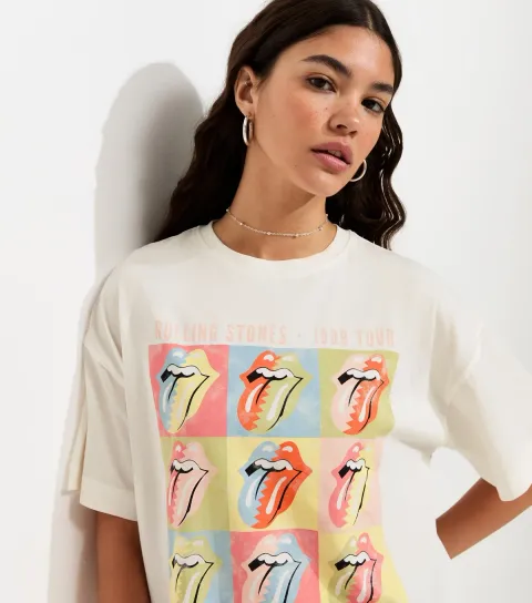Women's White Rolling Stones Print Oversized T-Shirt