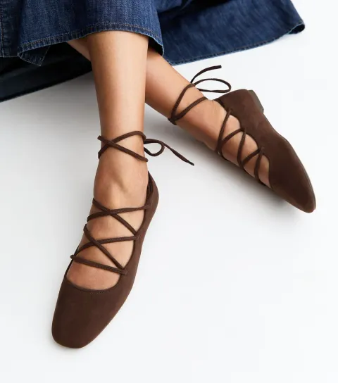Women's Brown Faux Suede Lace Up Ballet Pumps Vegan