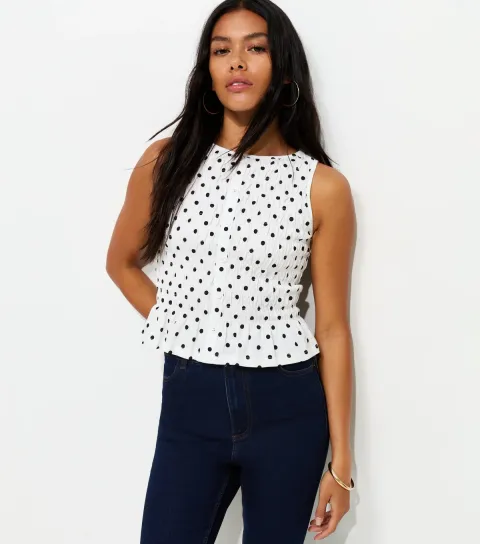 Women's Cream Cotton Spot Print Shirred Faux Button Top