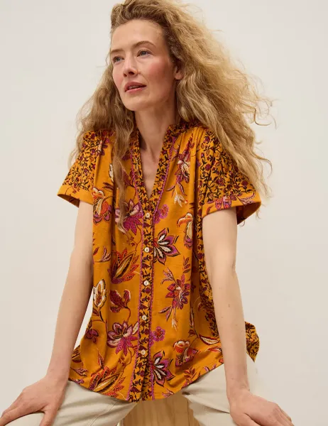 Monsoon Pure Cotton Floral Collarless V-Neck Shirt Orange Mix