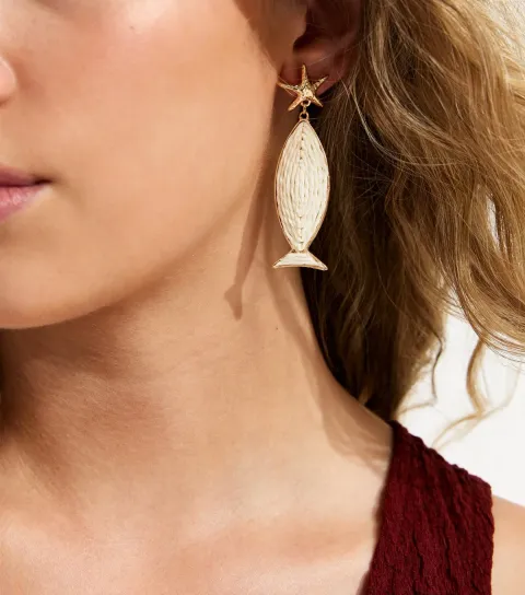 Gold Tone Starfish Thread Fish Drop Earrings