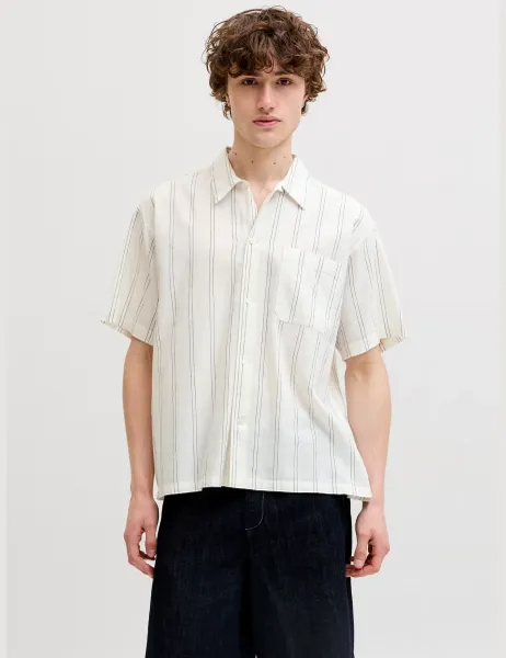 Jack & Jones Cotton Linen Blend Striped Short Sleeve Shirt White