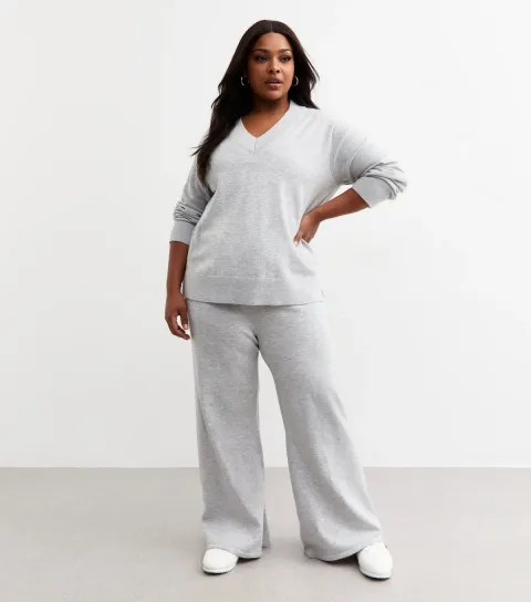 Women's Plus Size Grey Wide Leg Jersey Trousers Curves