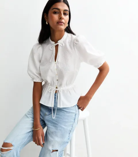 Women's Cream Crinkled Tie Neck Top
