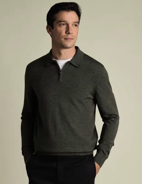 Charles Tyrwhitt Pure Wool Half Zip Knitted Polo Shirt Khaki