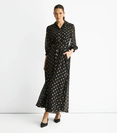 Women's Black Chiffon Foil Belt Maxi Shirt Dress