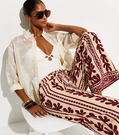 Women's Brown Cactus Print Wide Leg Beach Trousers
