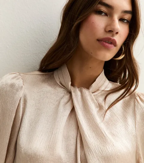 Women's Cream Twist Neck Long Sleeve Textured Satin Blouse