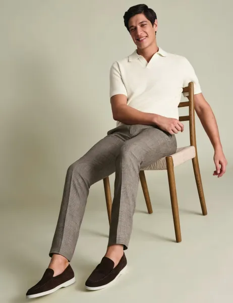 Charles Tyrwhitt Slim Fit Pure Linen Check Suit Trousers Brown