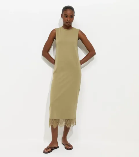 Women's Dark Khaki Cotton Sleeveless Lace Hem T-Shirt Midi Dress