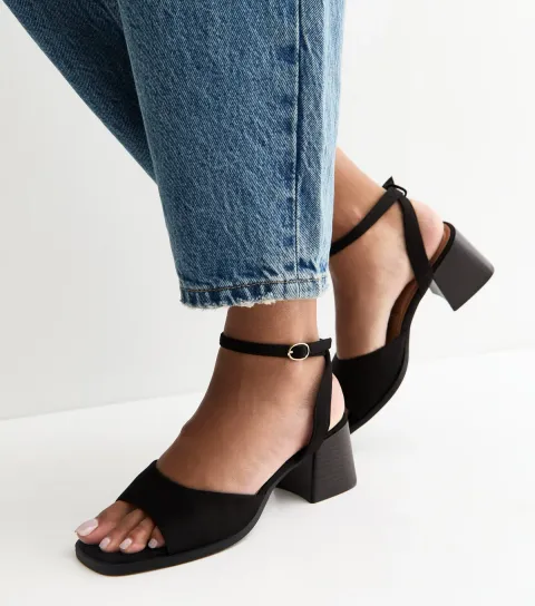 New Look Women's Black Faux Suede Curved Front Block Heel Sandals Vegan