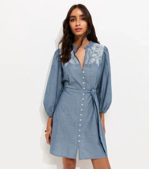 Women's Light Blue Chambray Embroidered Smock Mini Dress