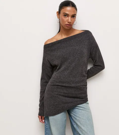 Women's Dark Grey Soft Touch Slash Neck Asymmetric Draped Top