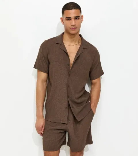 Men's Dark Brown Regular Textured Drawstring Shorts