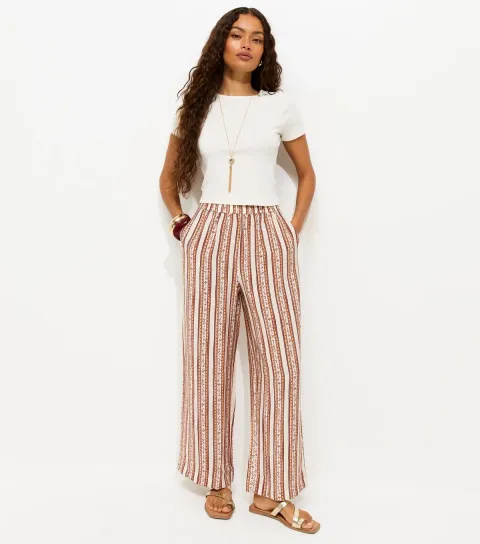 Women's Petite Cream Floral Striped Wide Leg Trousers