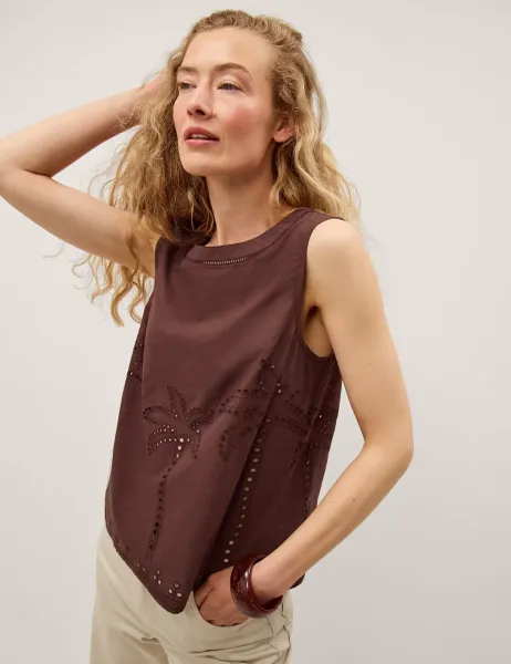 Monsoon Pure Cotton Broderie Detail Vest Brown