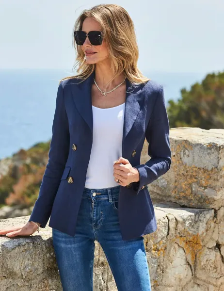 SOSANDAR Linen Rich Tuxedo Blazer Navy
