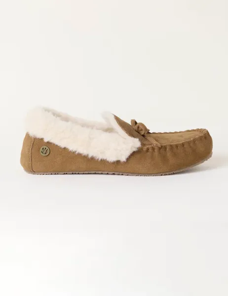 FatFace Suede Faux Fur Lined Moccasin Slippers Brown Mix