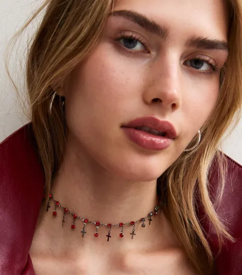 New Look Gunmetal Halloween Gem and Cross Charm Choker Necklace