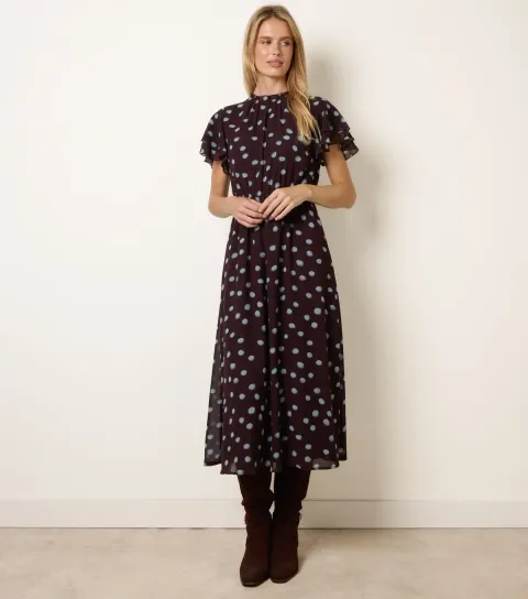 Blue Vanilla Women's Dark Brown Chiffon Polka Dot Midi Dress