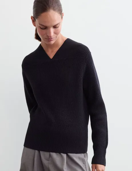 Jaeger Pure Merino Wool Textured Notch Neck Jumper Navy