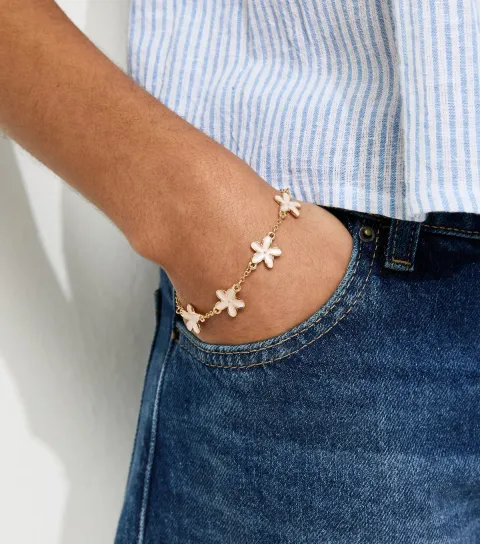 Gold Tone Enamel Flower Chain Bracelet
