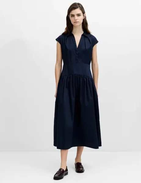 French Connection Pure Cotton V-Neck Midi Shirt Dress Dark Navy