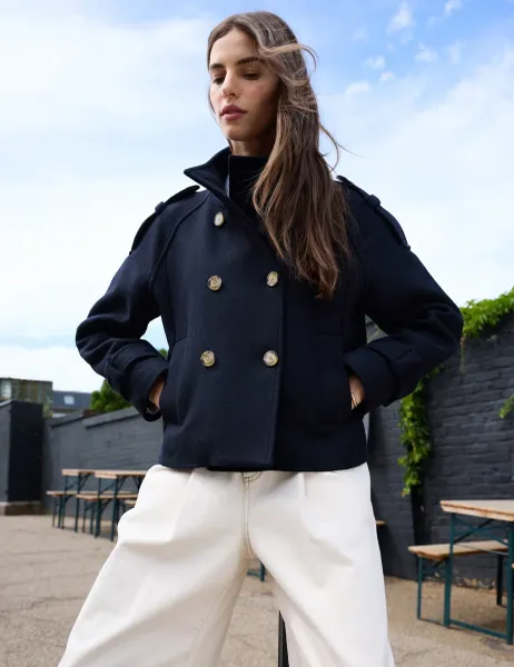 BAUKJEN Wool Rich Double Breasted Short Trench Coat Blue